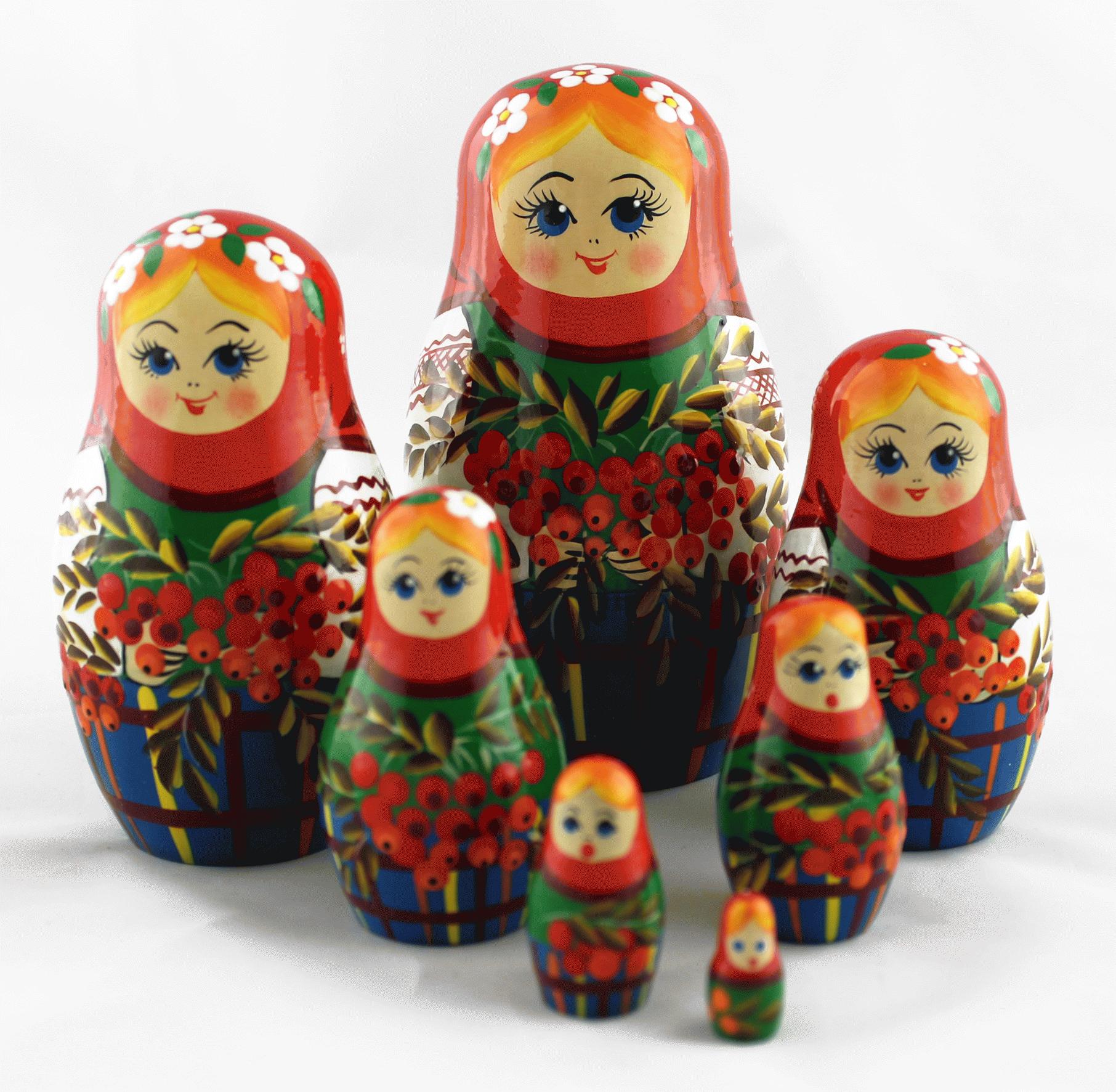 A seven-piece Russian matryoshka set in painted linden wood