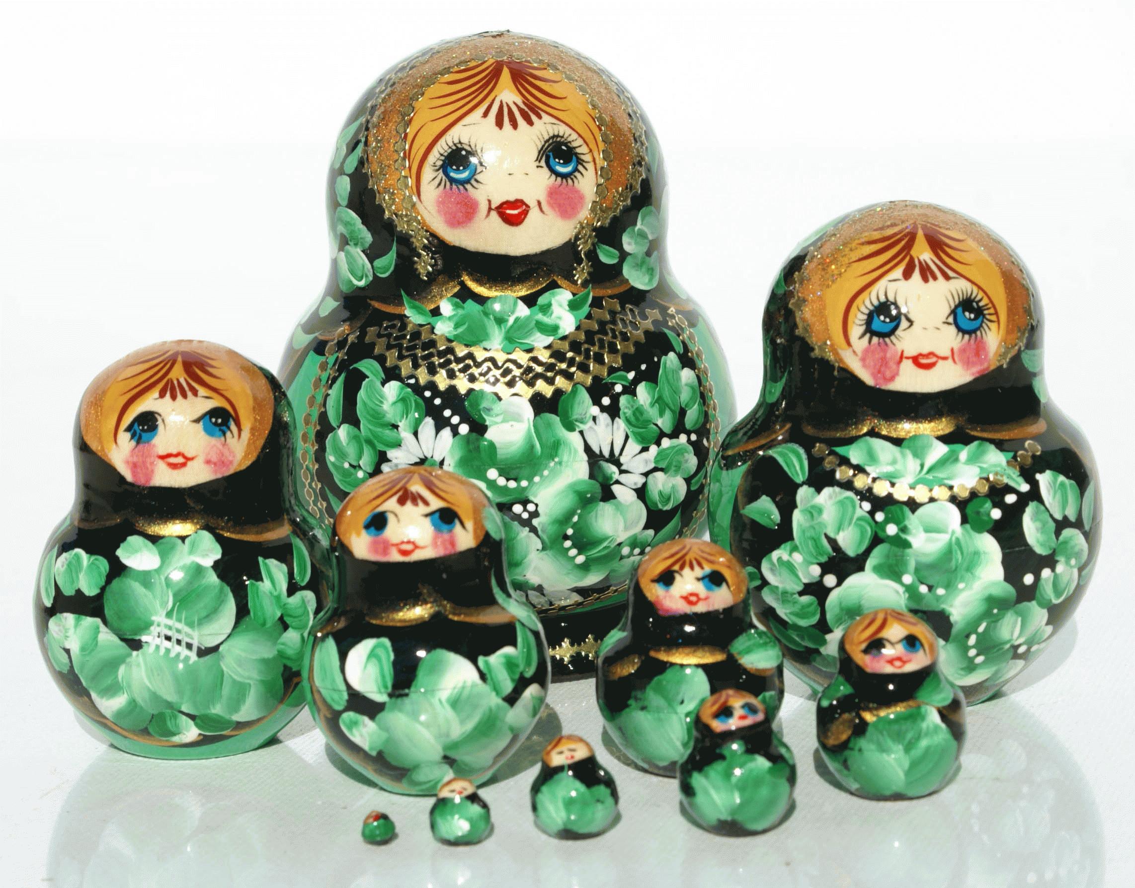 Matryoshka Nesting Dolls with Green Floral Design