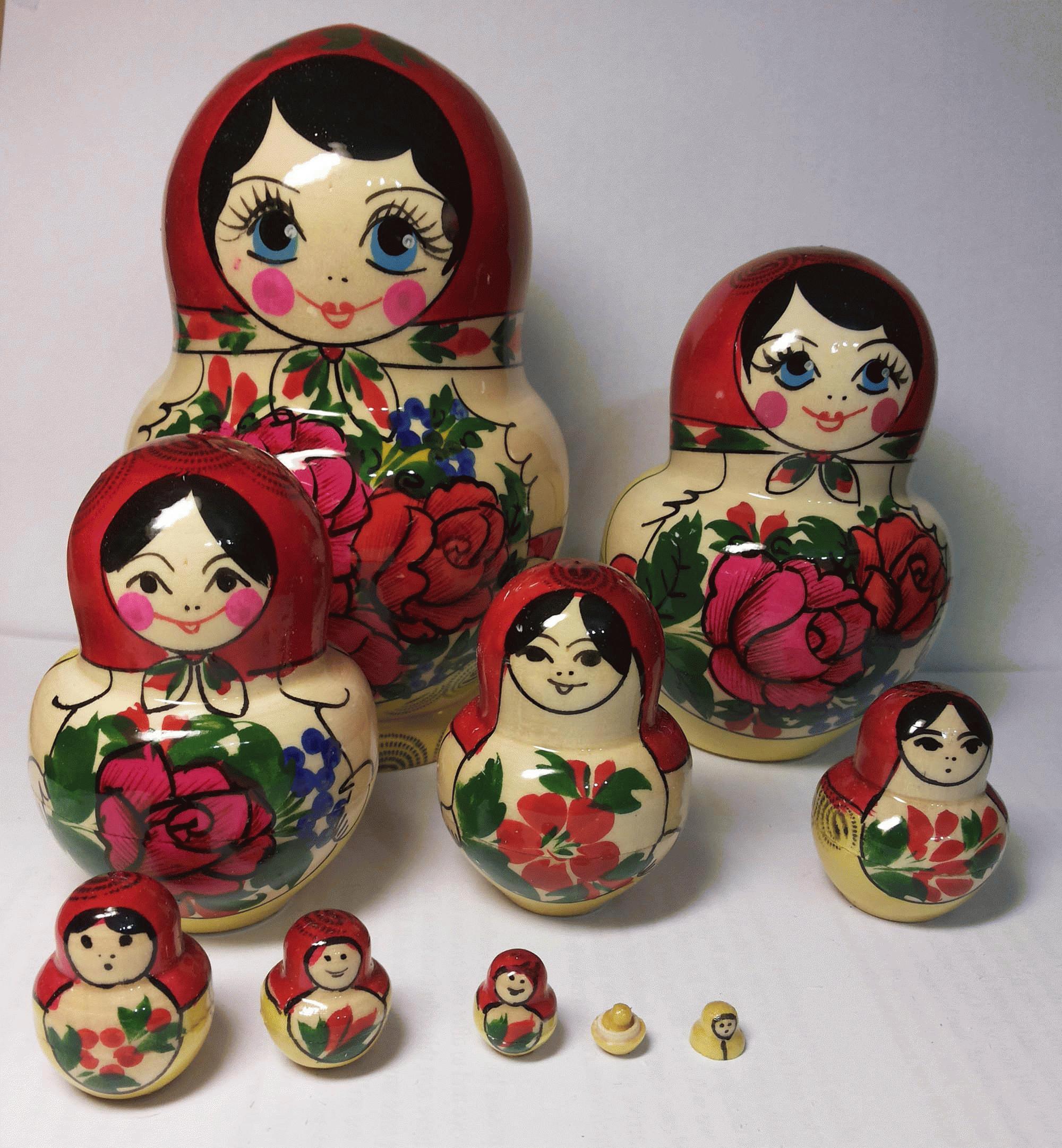 Rose Matryoshka Doll Set with Red Headscarves