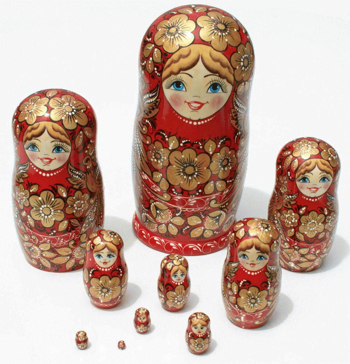Nesting Dolls in Red and Gold Floral Style