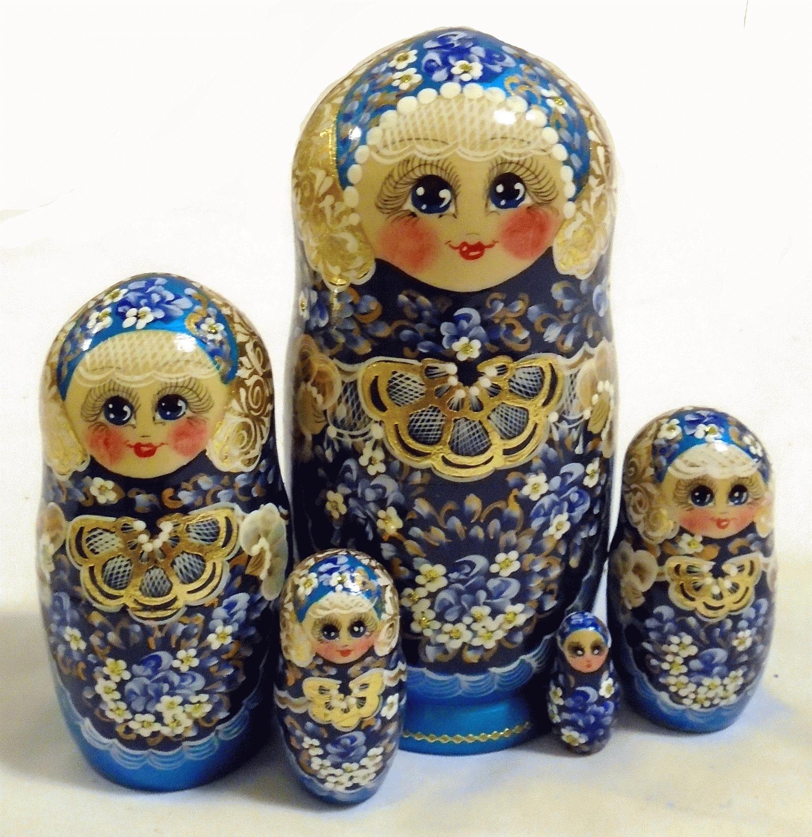 Blue Floral Matryoshka with Gold Lace Detail