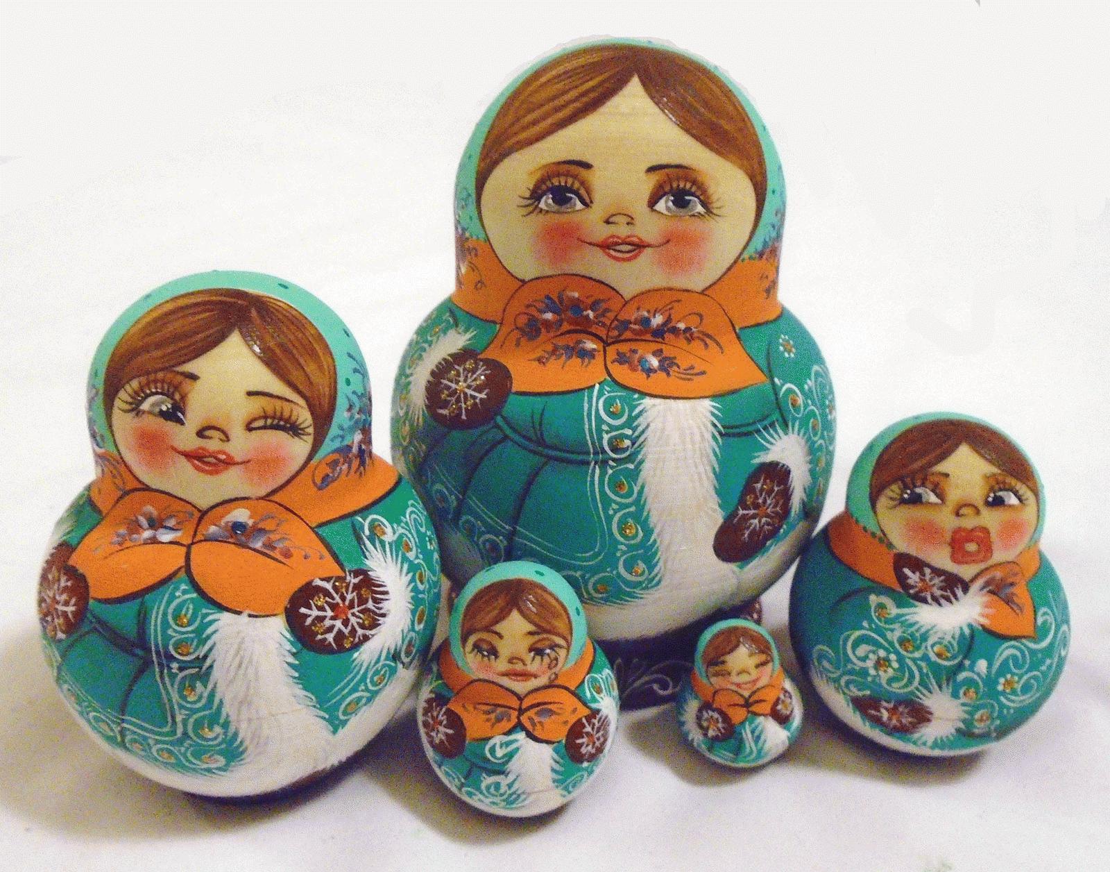 Matryoshka Dolls in Turquoise & Orange Winter Style