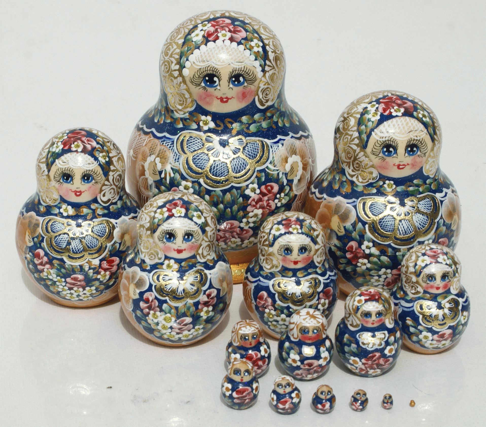 Blue Matryoshka with Gold Bow Motifs