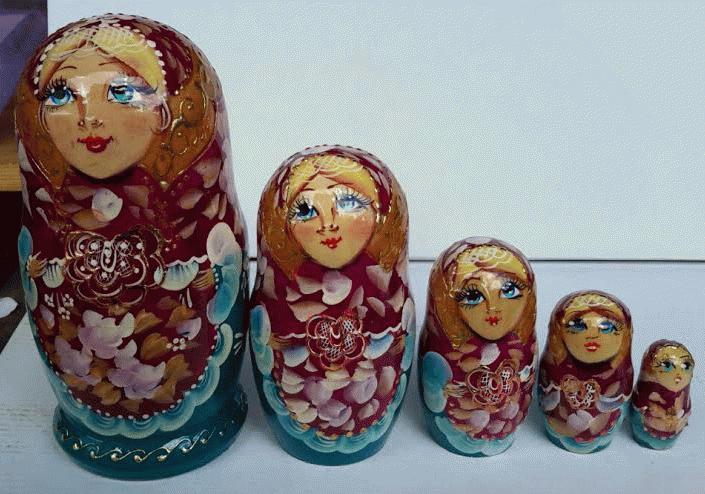 Floral Matryoshka Set with Burgundy Shawls