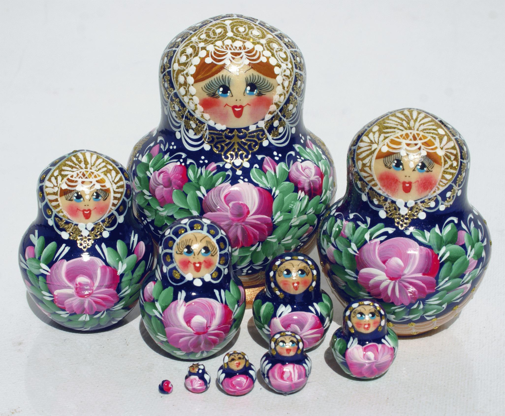Matryoshka Doll in Dark Blue with Gold Detailing