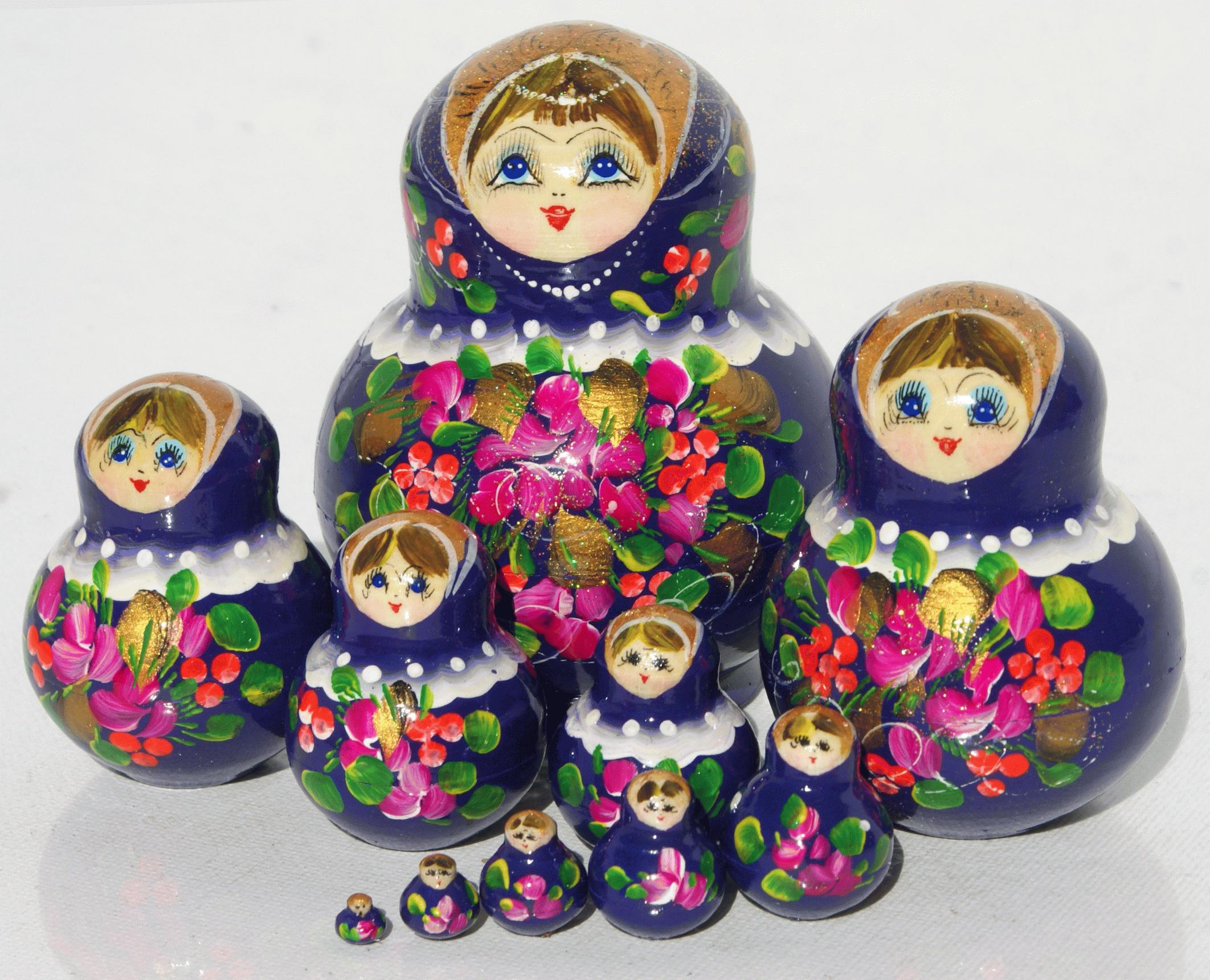 Matryoshka Dolls in Dark Blue Floral Design