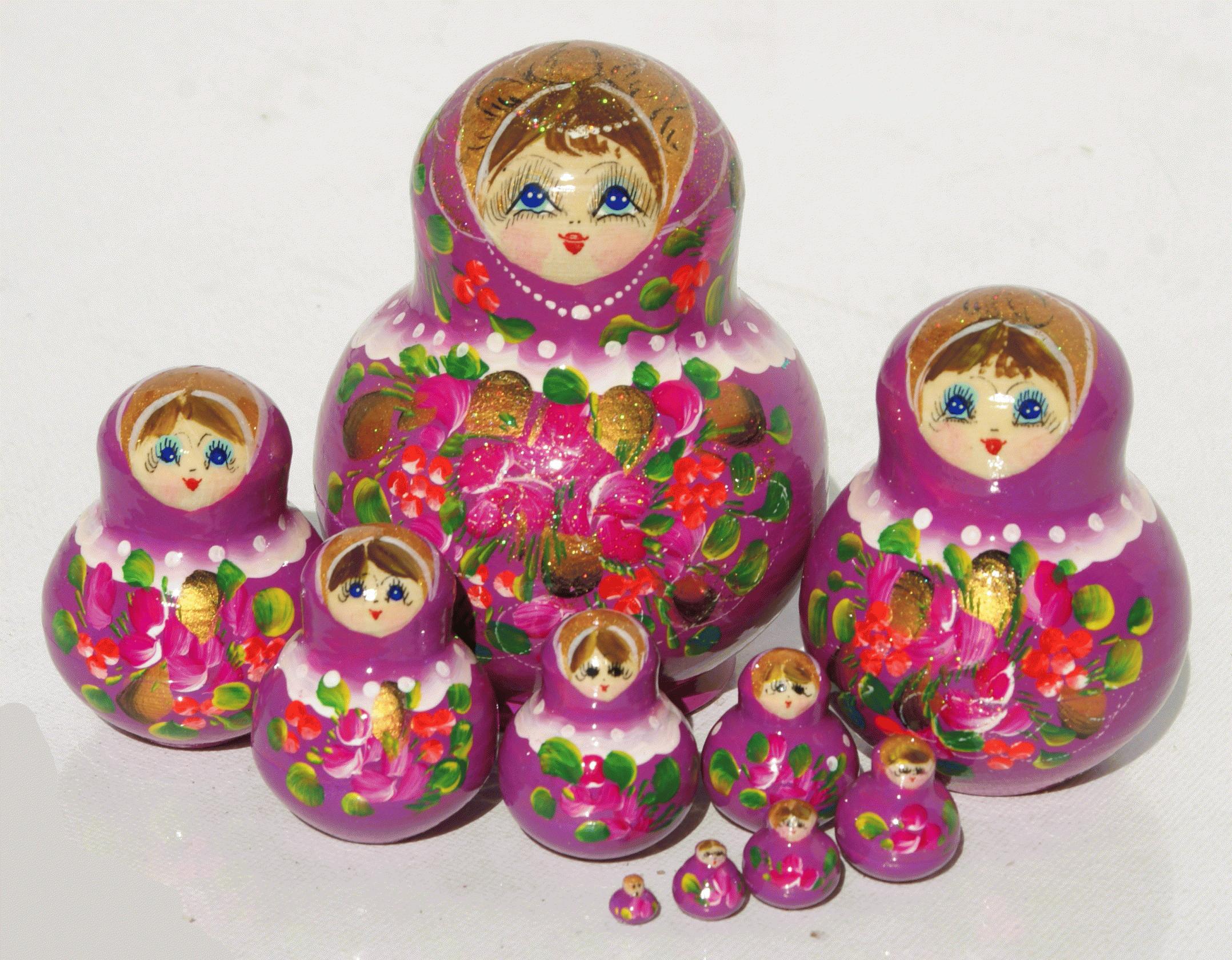 Russian Nesting Dolls with Purple Floral Bouquet