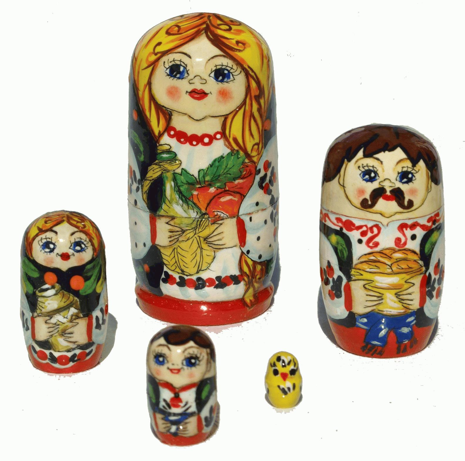 Nesting Dolls with Folk Family and Bread